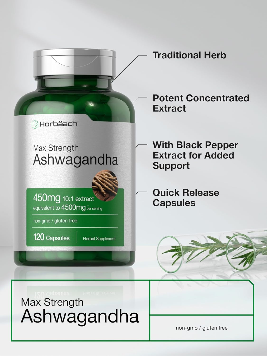 Horbäach Ashwagandha Supplement Max Strength 120 Capsules Non-GMO Gluten Free