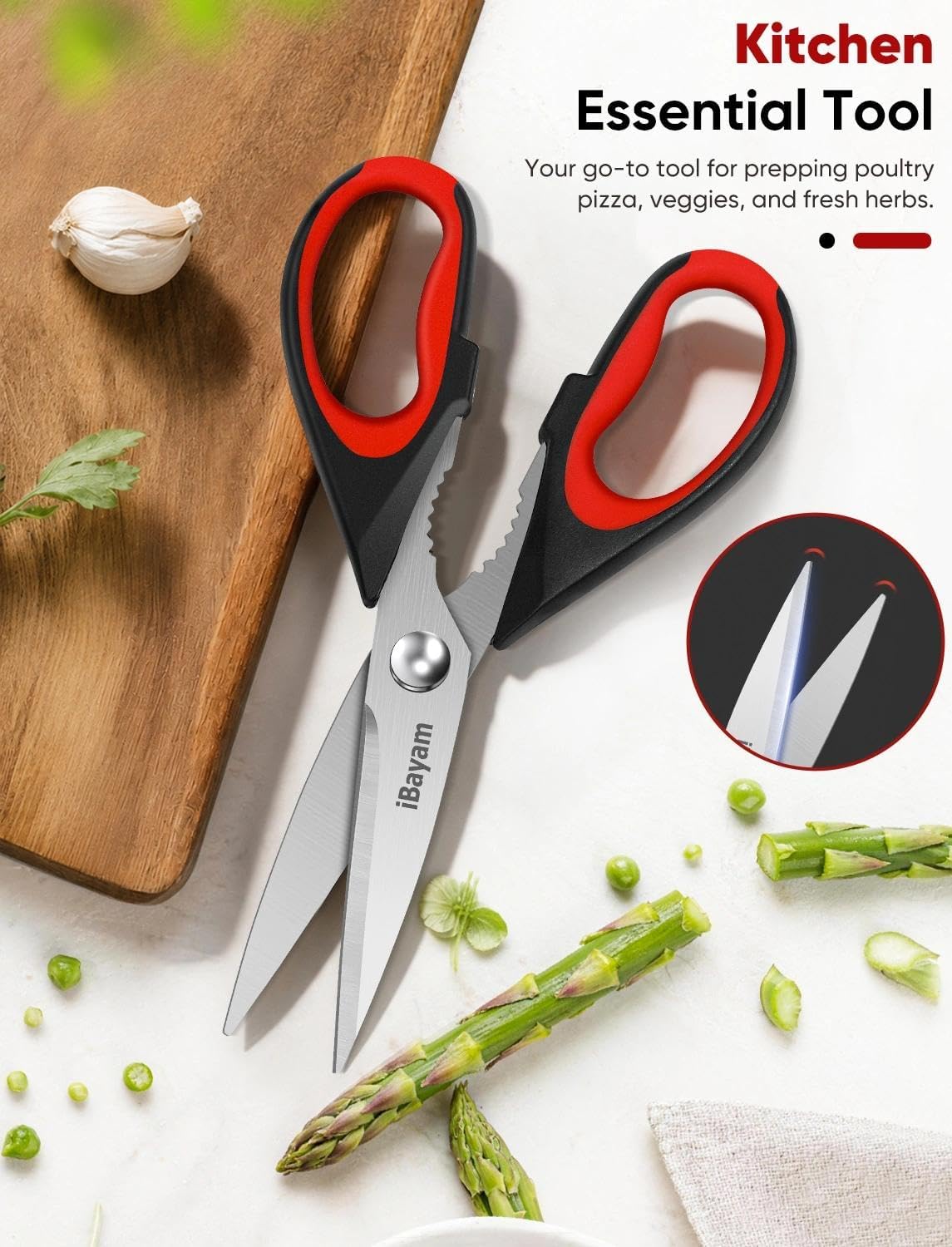 iBayam Kitchen Scissors Shears All Purpose Heavy Duty, Protective Sheath | 2-Pack, Ultra-Sharp Stainless Blades, Soft Comfort-Grip, Dishwasher Safe, Cutting Food Cooking Meat Poultry Kitchen Utensils