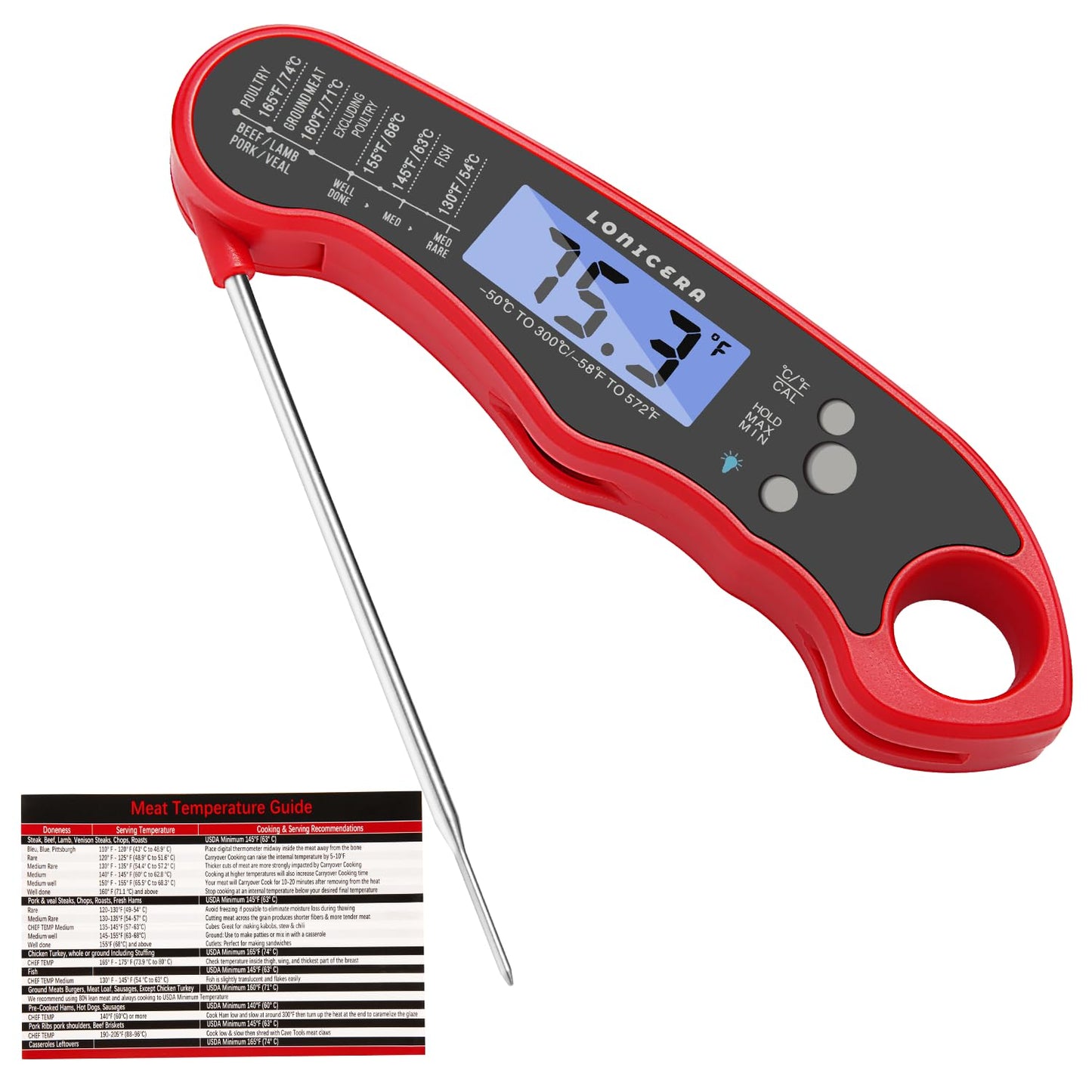 LONICERA Digital Meat Thermometer, Instant Read, Foldable Probe, Red | IP66 waterproof design, backlit display, calibration function, for meat, baking and grilling