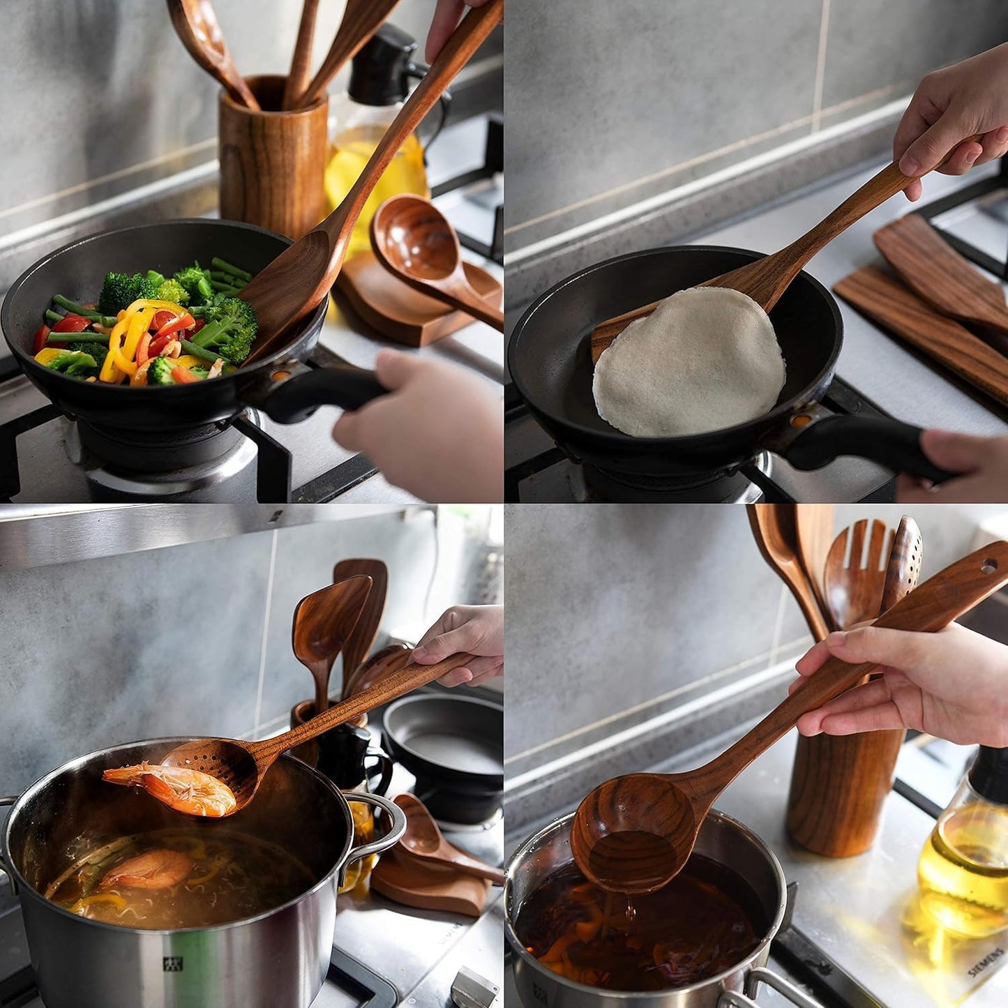 Wooden Utensil Set, 8 Pcs Teak Wooden Spoons for Cooking with Holder | Includes Spatula, Turner, Ladle, Skimmer, Spoon Rest & 6 Hooks – Sturdy, Non-Scratch, Easy to Clean