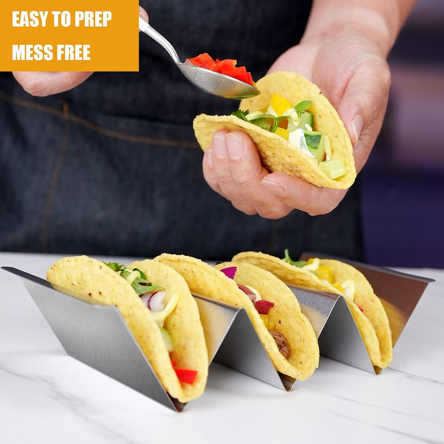 Taco Holders Set of 6, Taco Stand, Stainless Steel Taco Holder, with Easy-Access Handle, Each Can Hold 2 To 3 Tortillas, Oven Safe for Baking, Dishwasher Safety