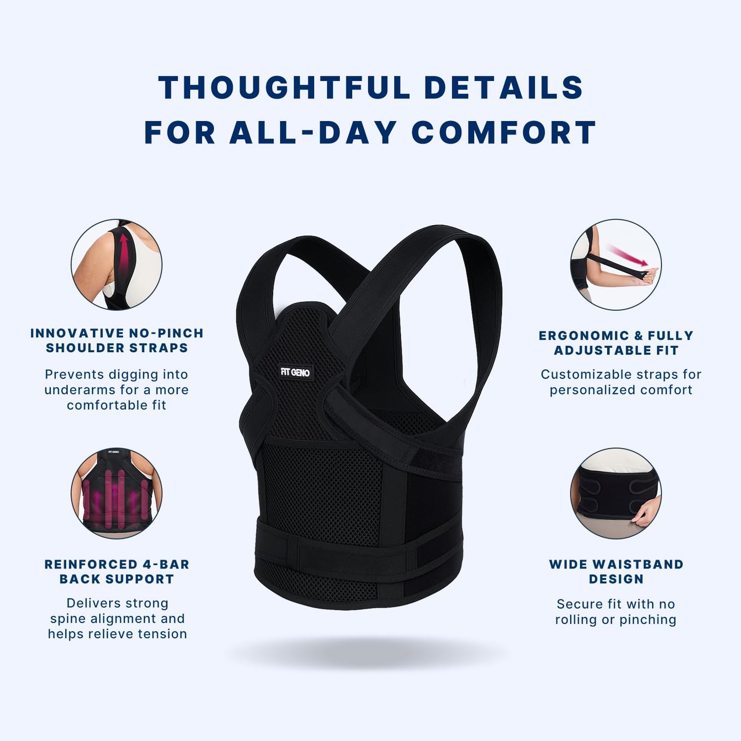 Fit Geno Posture Corrector for Women and Men, Adjustable Full Back Support
