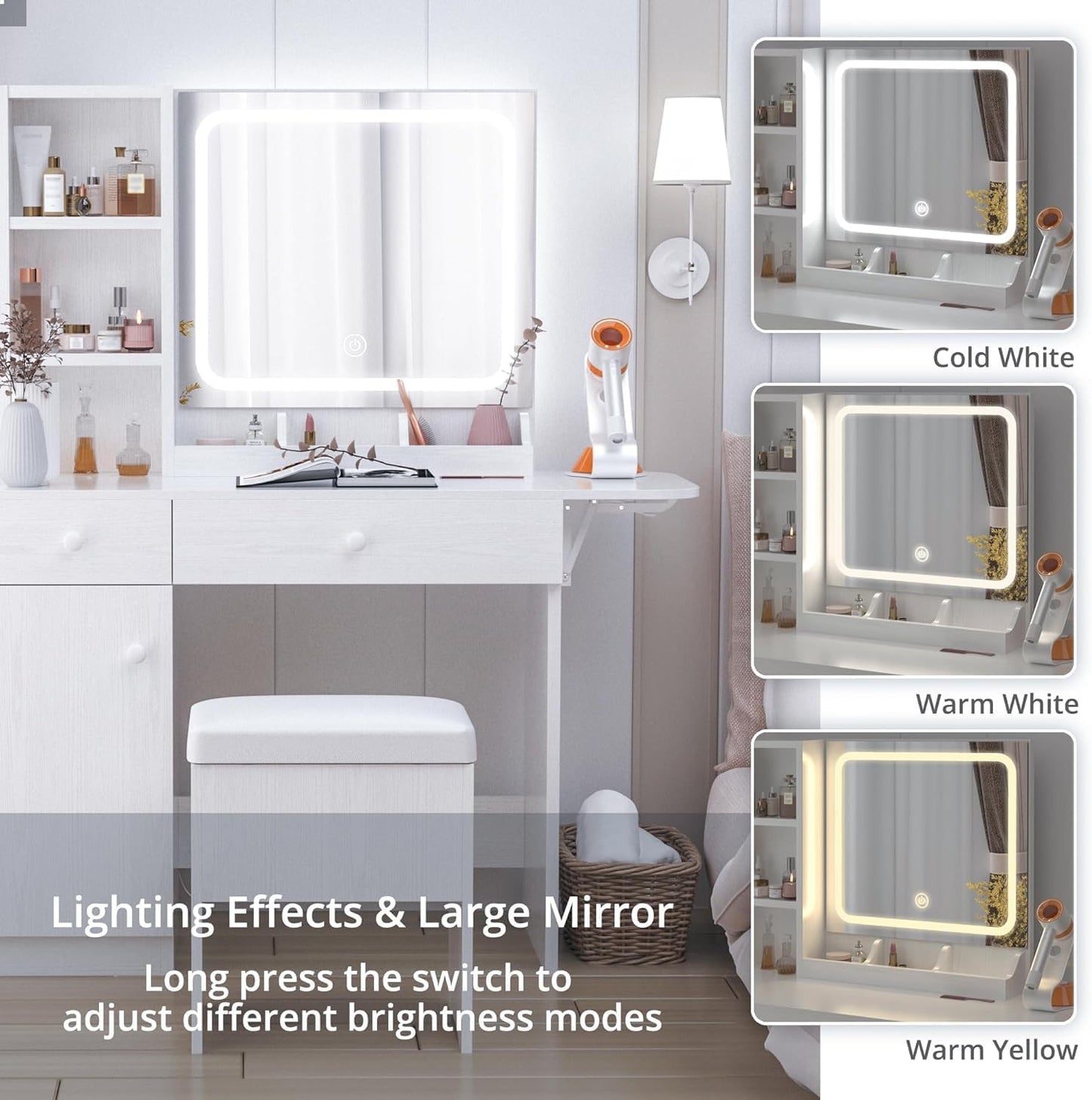 IRONCK Vanity Desk with LED Lighted Mirror & Power Outlet, Makeup Table with Drawers & Cabinet,Storage Stool, White