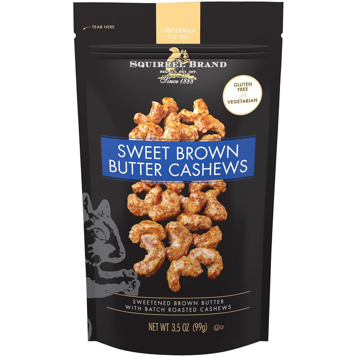 Squirrel Brand Sweet Brown Butter Cashews 3.5 oz Resealable Gluten Free Gourmet Nuts Snack