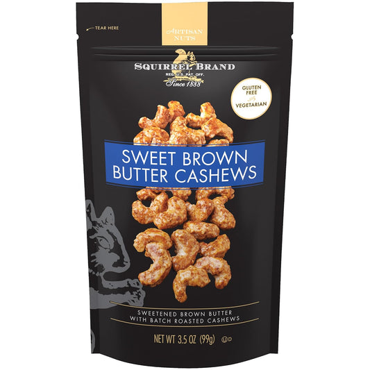 Squirrel Brand Sweet Brown Butter Cashews 3.5 oz Resealable Gluten Free Gourmet Nuts Snack