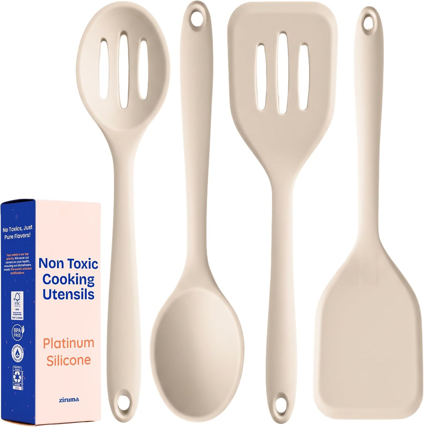 NonToxic Platinum Silicone Utensils, 100% Plastic-Free, 8-Pcs, Beige | LFGB-certified platinum silicone. Solid steel core, no hidden plastics. 500°F heat resistant. Non-scratch. Dishwasher safe