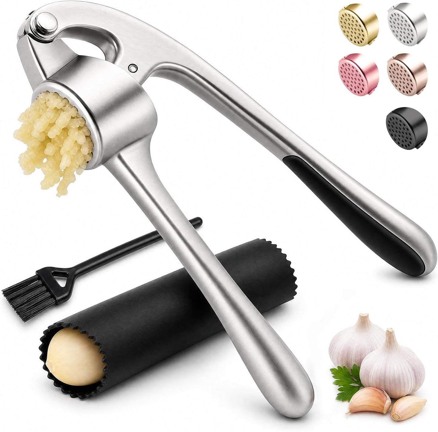Kitchen Garlic Press, Rust Proof & Dishwasher Safe Garlic Mincer, Durable Garlic Crusher Set with Peeler＆Brush, Easy to Clean and Squeeze, Matte