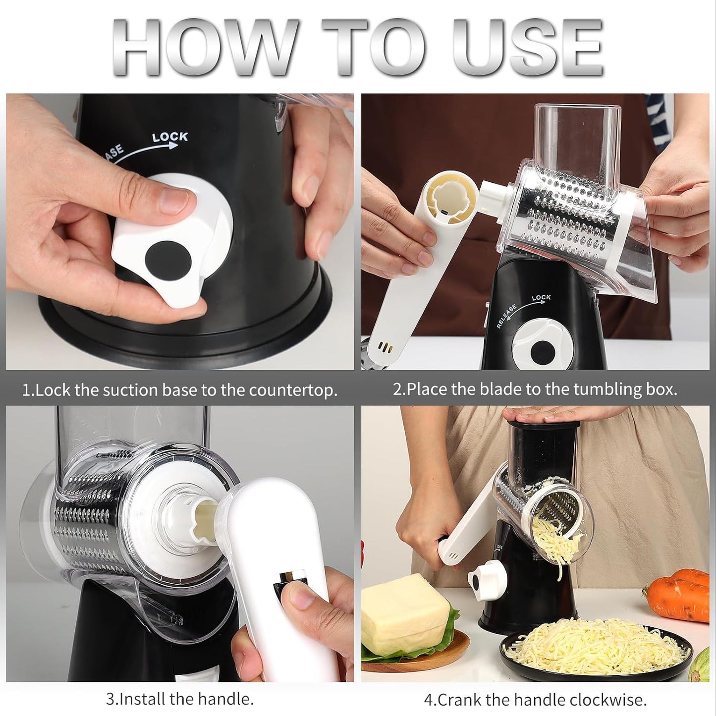 Cambom Rotary Cheese Grater Hand Crank Cheese Shredder, Black | for Fresh Cheese, Vegetable, Nuts,Non-slip Suction Base, Three Blades