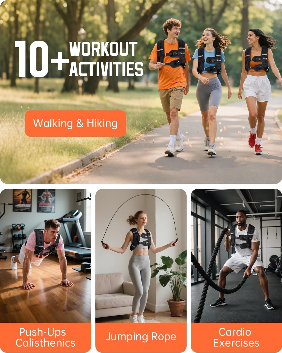 Renoj Weighted Vest for Fitness: 6lb-20lb Fixed Weights, Reflective Strips, Storage Pocket