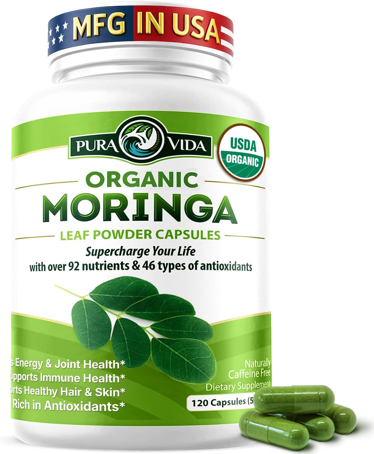 PURA VIDA MORINGA Organic Moringa Capsules, Pure Moringa Leaf Powder Single Origin for Energy, Metabolism & Immune Support, 120ct, 500mg Caps