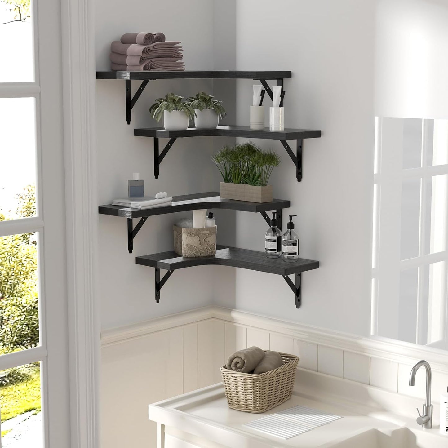 ROMGUAR CRAFT Corner Floating Shelves Wall Mounted Set of 4, Rustic Wood Storage Display Wall Shelves for Home Decor, Bathroom, Kitchen, Bedroom, Living Room, Office (Black)