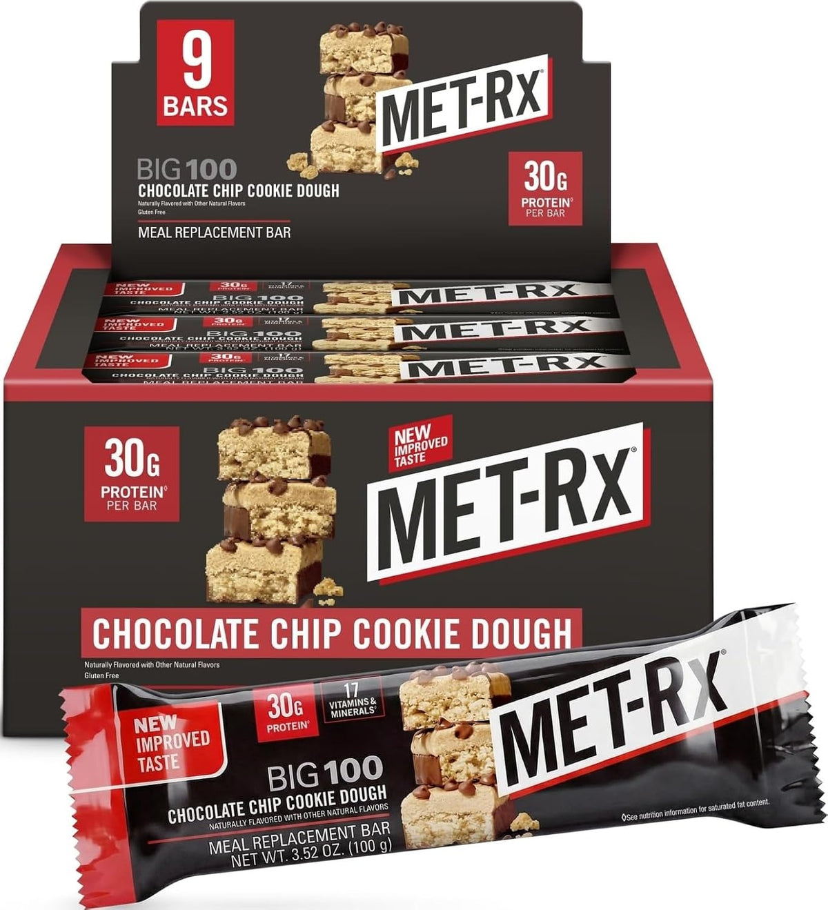MET-Rx Big 100 Colossal Protein Bars, 9 Count, Chocolate Chip Cookie Dough, 3.52 oz