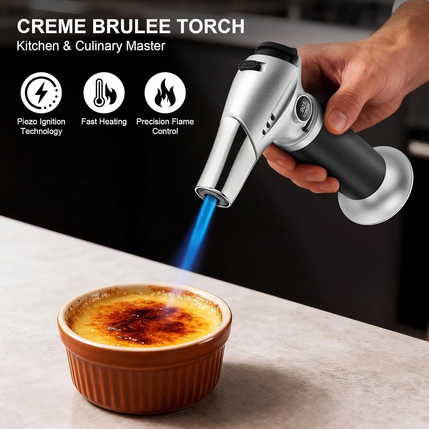 TBTeek Kitchen Butane Torch with Safety Lock for Baking, Crafts & Steak | 2500°F Adjustable Continuous Flame, One-Button Piezo Ignition, Ergonomic Comfort Grip, 3 refill adapters(Butane Not Included)