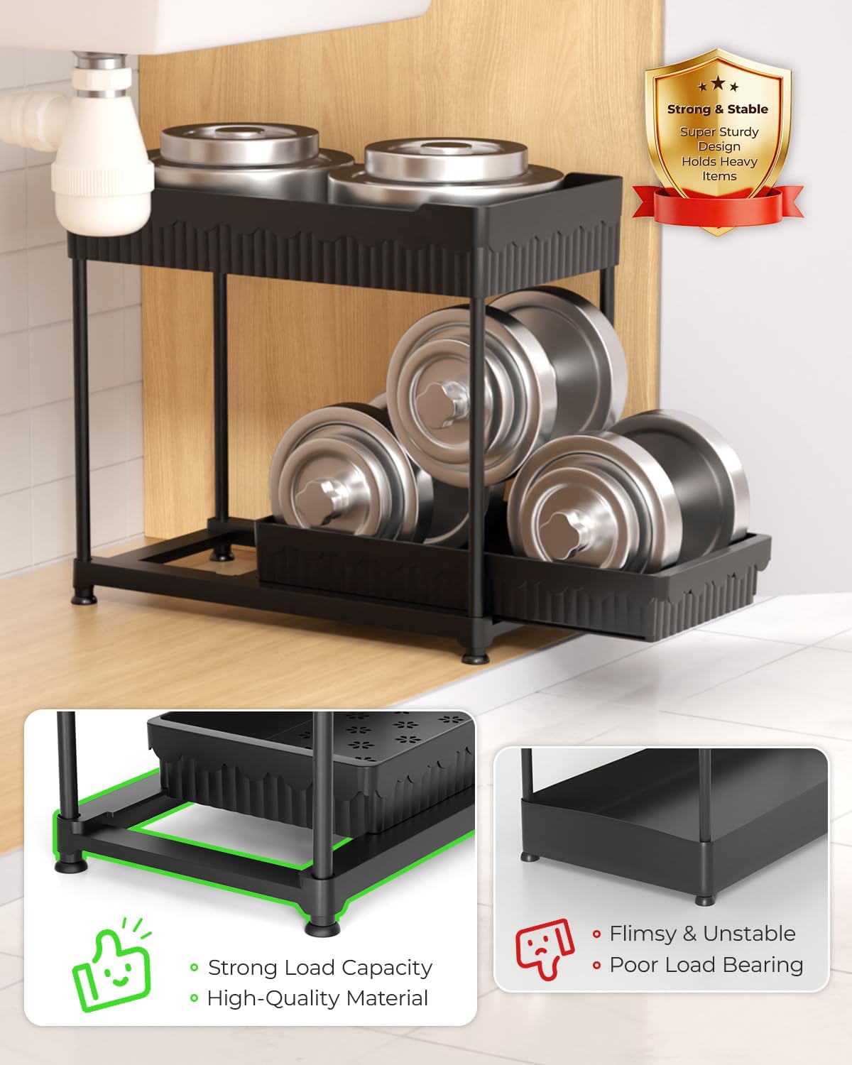 Sevenblue 3-Pack 2-Tier Under Sink Organizers with Sliding Drawers | Multi-use kitchen & bathroom storage, 12.8 inch black cabinet organizer, space-saving sliding drawer design.