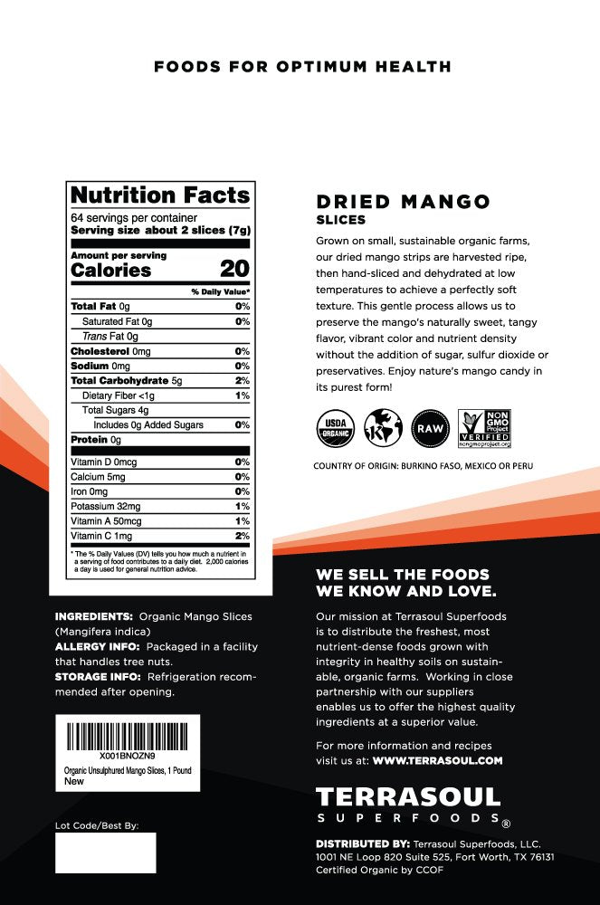 Terrasoul Superfoods Organic Dried Mango Slices, 16 Oz, No-Added Sugar, Gluten-Free, Vegan