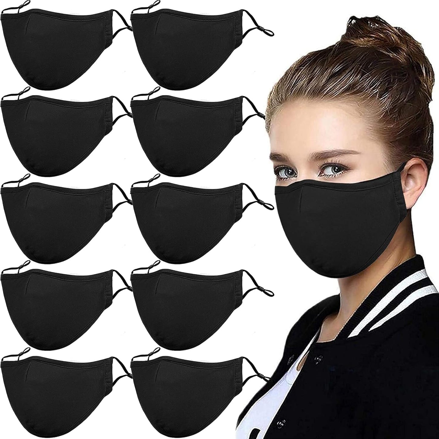 Black Reusable Breathable Cloth Face Mask, Adjustable Washable Face Protection Cover for Men and Women