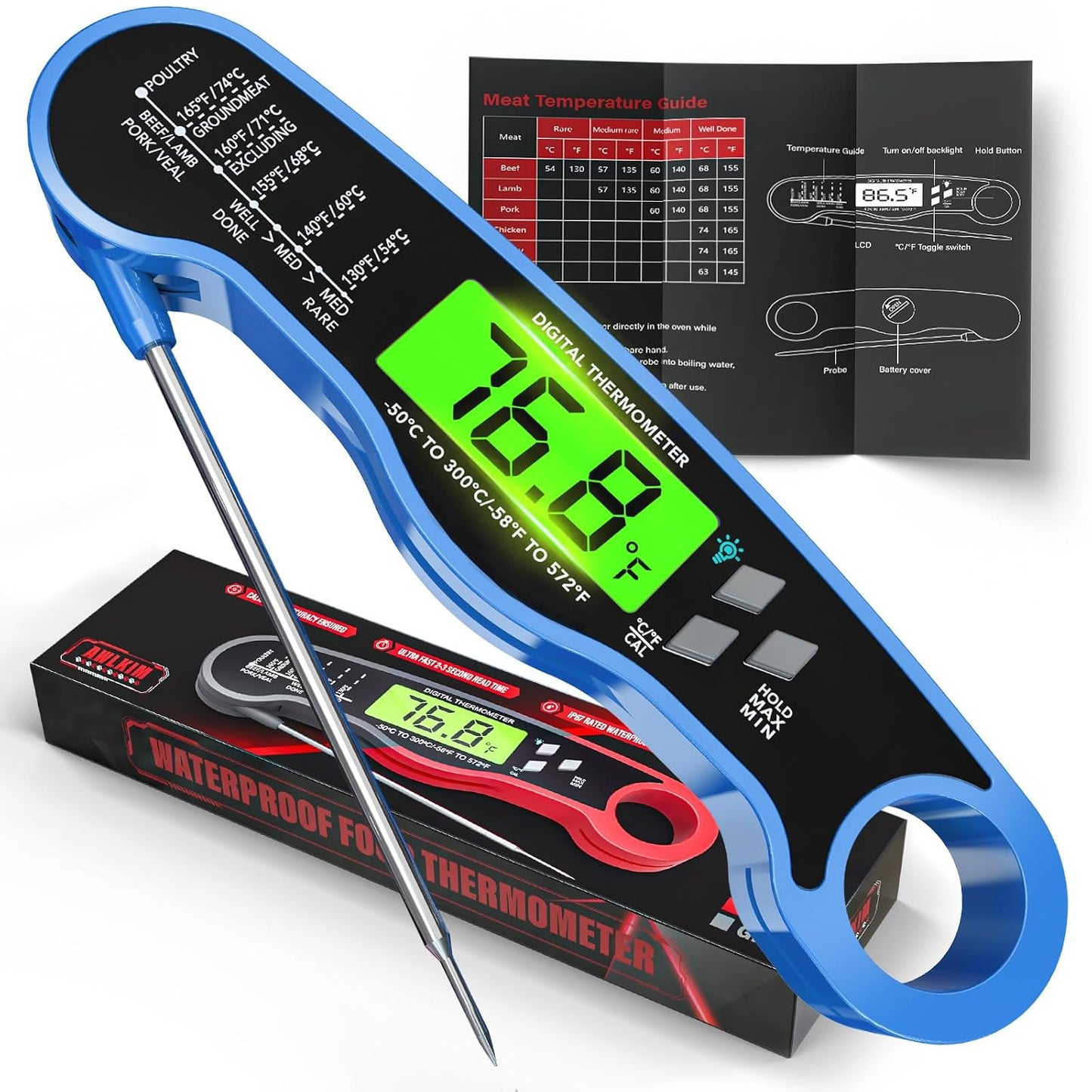 AWLKIM Meat Thermometer Digital, Instant Read Food Thermometer, Red | Waterproof cooking thermometer with doneness chart, backlight, F/C switch for BBQ, candy, oil