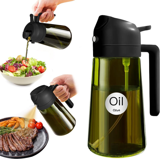 YARRAMATE 16 oz Dark Glass Olive Oil Sprayer & Dispenser, 2-in-1, Black | Light-blocking dark green glass, food-grade spray and pour bottle for cooking, air fryer, salad and BBQ