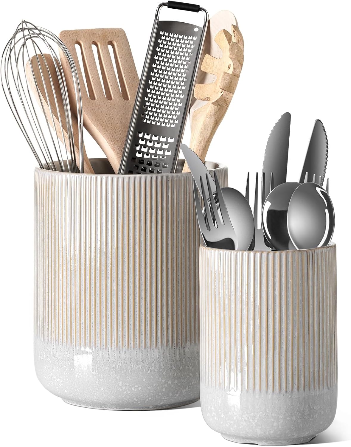 LE TAUCI Utensil Holder for Kitchen Counter, 7.3"+5.4" Fluted Ceramic Utensil Crock Organizer for Countertop, Heavy Large Holder for Spatulas, Spoons, Set of 2, White, Kitchen Counter Decor