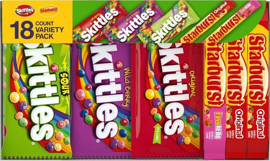 Bulk box of assorted SKITTLES and STARBURST candies, 37.05 oz, 18-count variety mix