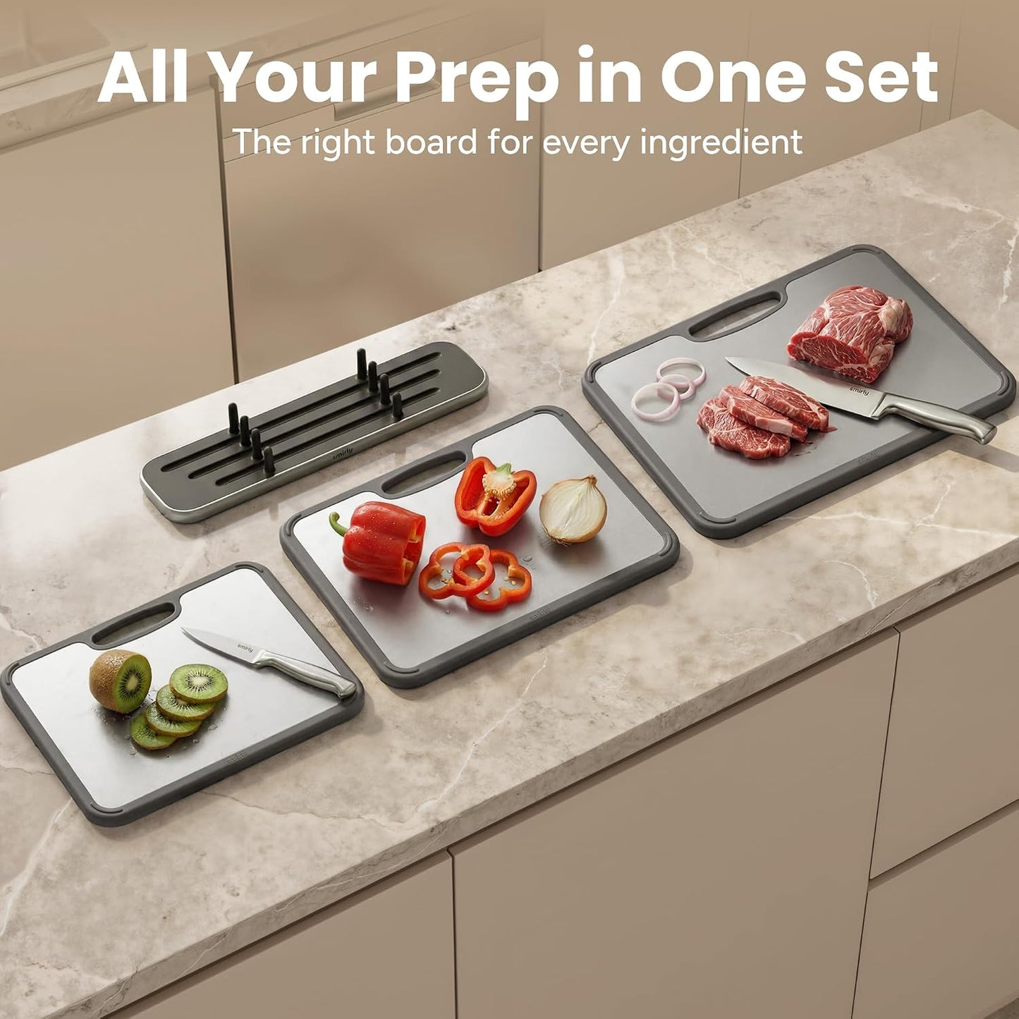 SMIRLY Titanium Cutting Board for Kitchen, with Holder, 3 Pack, Silver | Food-grade Titanium Surface with a Non-porous, Double-sided Design for Easy Cleaning and Hygienic Food Prep