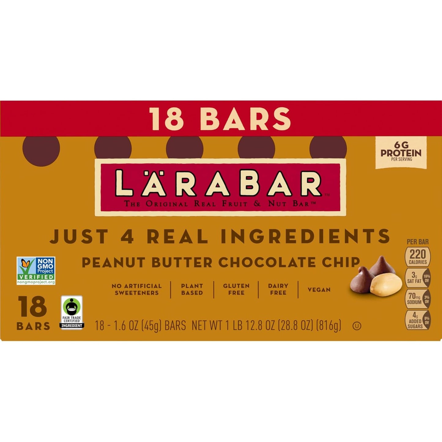 Larabar Peanut Butter Chocolate Chip Bars, 18 Count, 28.8 oz, Gluten Free and Vegan