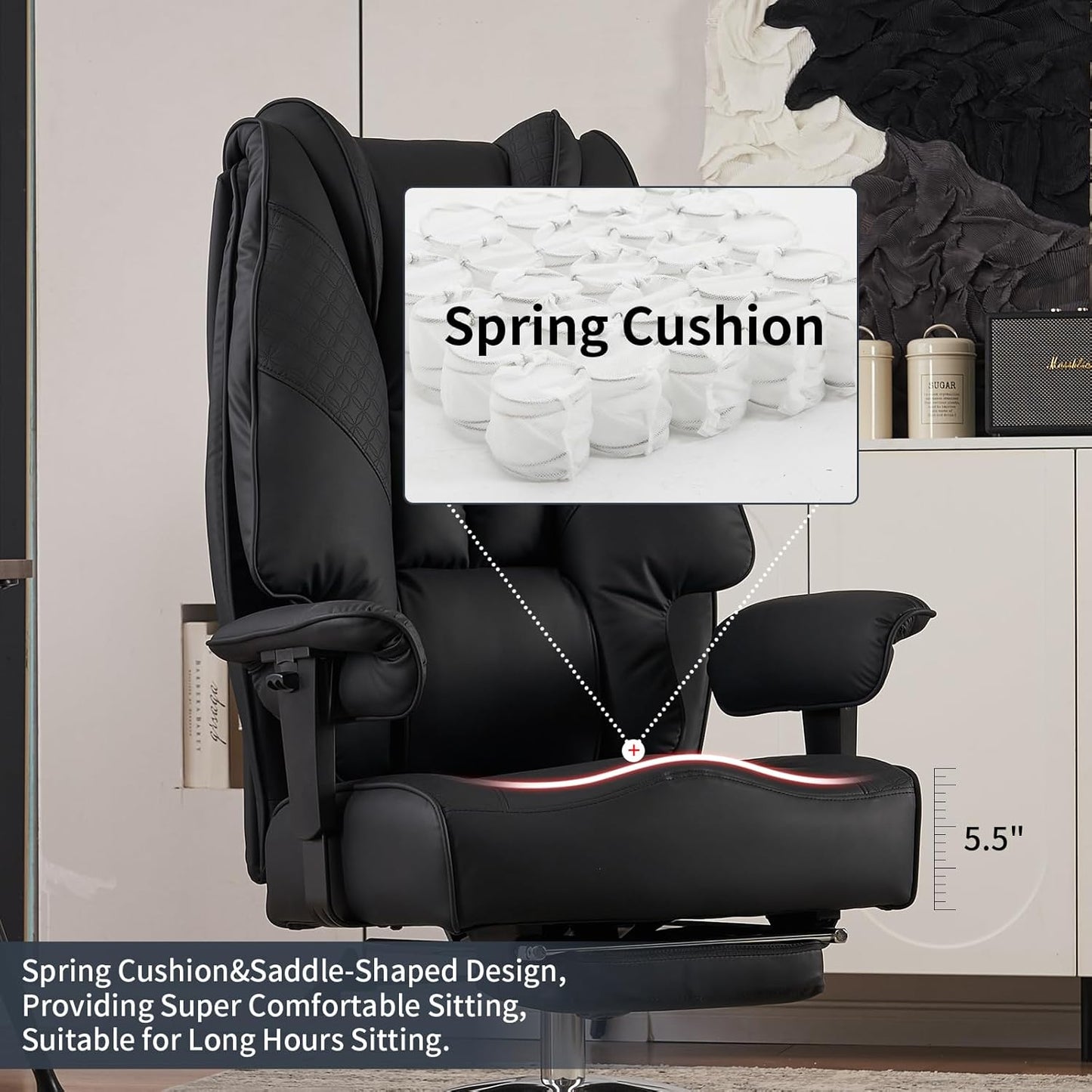 Big and Tall Office Chair 400lbs Wide Seat, Leather High Back Executive Office Chair with Foot Rest, Ergonomic Chairs Lumbar Support for Lower Back Pain Relief (Black)