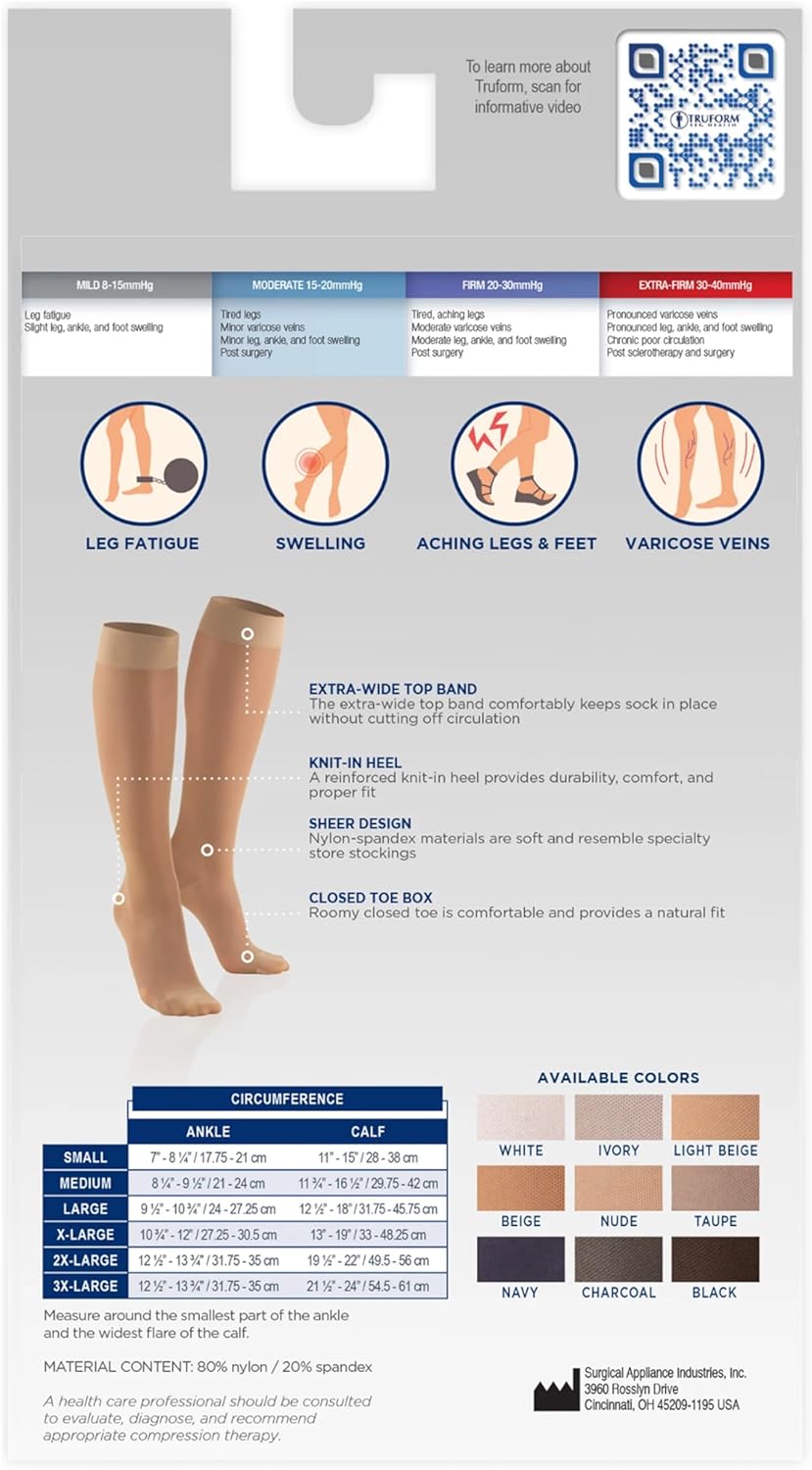 Truform 15-20 mmHg Women's Knee High Compression Stockings, Open Toe, Medium