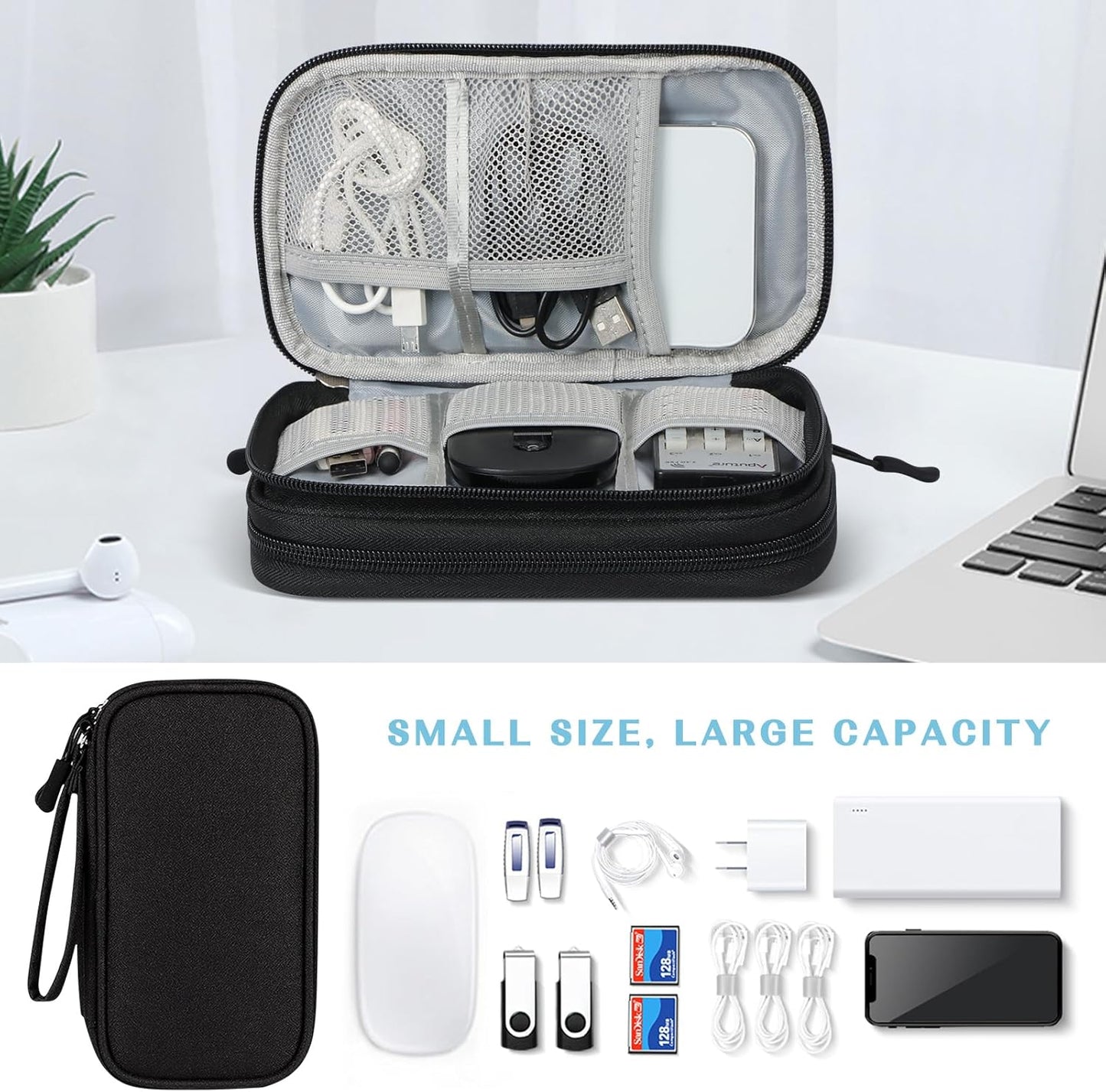 FYY Travel Cable Organizer Pouch Electronic Accessories Carry Case Portable Waterproof Double Layers All-in-One Storage Bag for Cord, Charger, Phone, Earphone Black