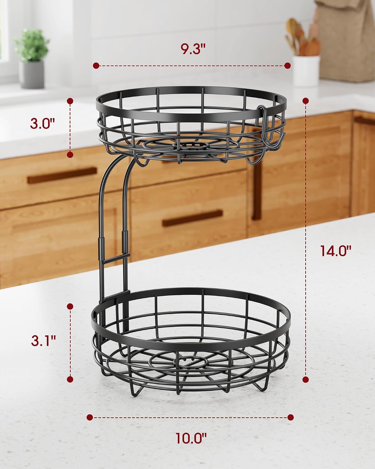 Sakugi Fruit Basket for Kitchen Counter - 2-Tier Large Capacity Fruit Bowl with Detachable Banana Hanger, Rust-Proof Metal Fruit Holder for Vegetables, Bread, Toiletry,10" D x 10" W x 14" H, Black
