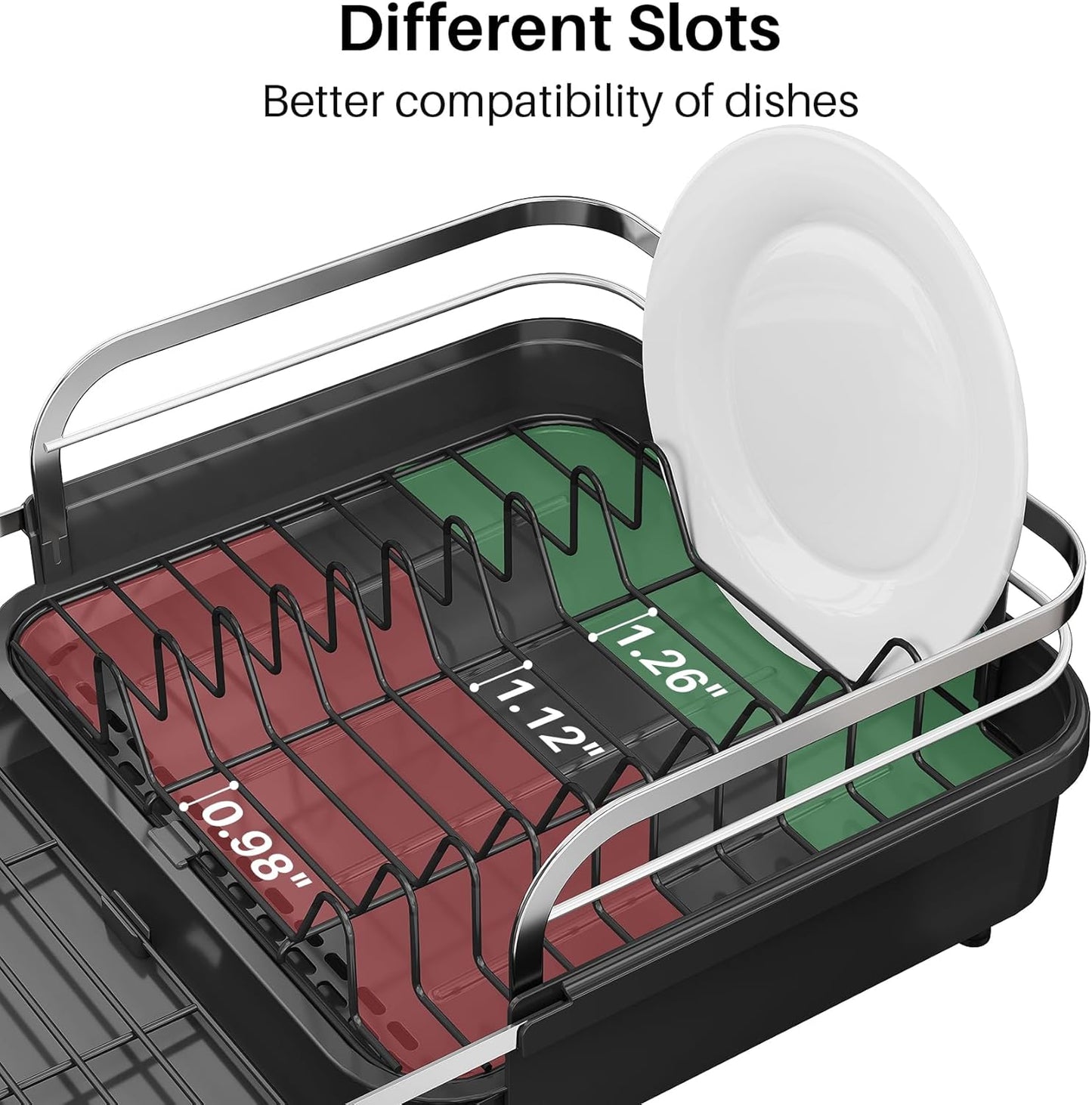 SNTD Expandable Dish Drying Rack for Kitchen Counter, 15.2-22.1 in, Black | Rust-Resistant Stainless Steel, Protective Side Rails, Self-Draining Drainboard, Removable Utensil Holder