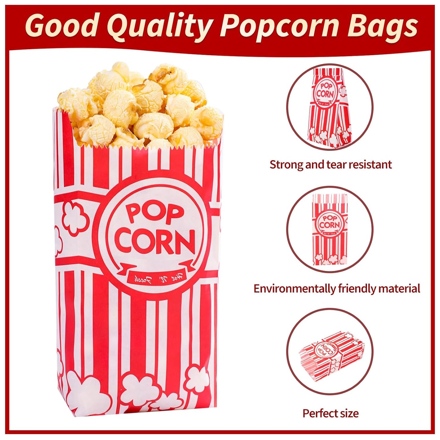 VOISEN Paper Popcorn Bags, 200 Pack, 1oz Individual Servings for Popcorn Machines