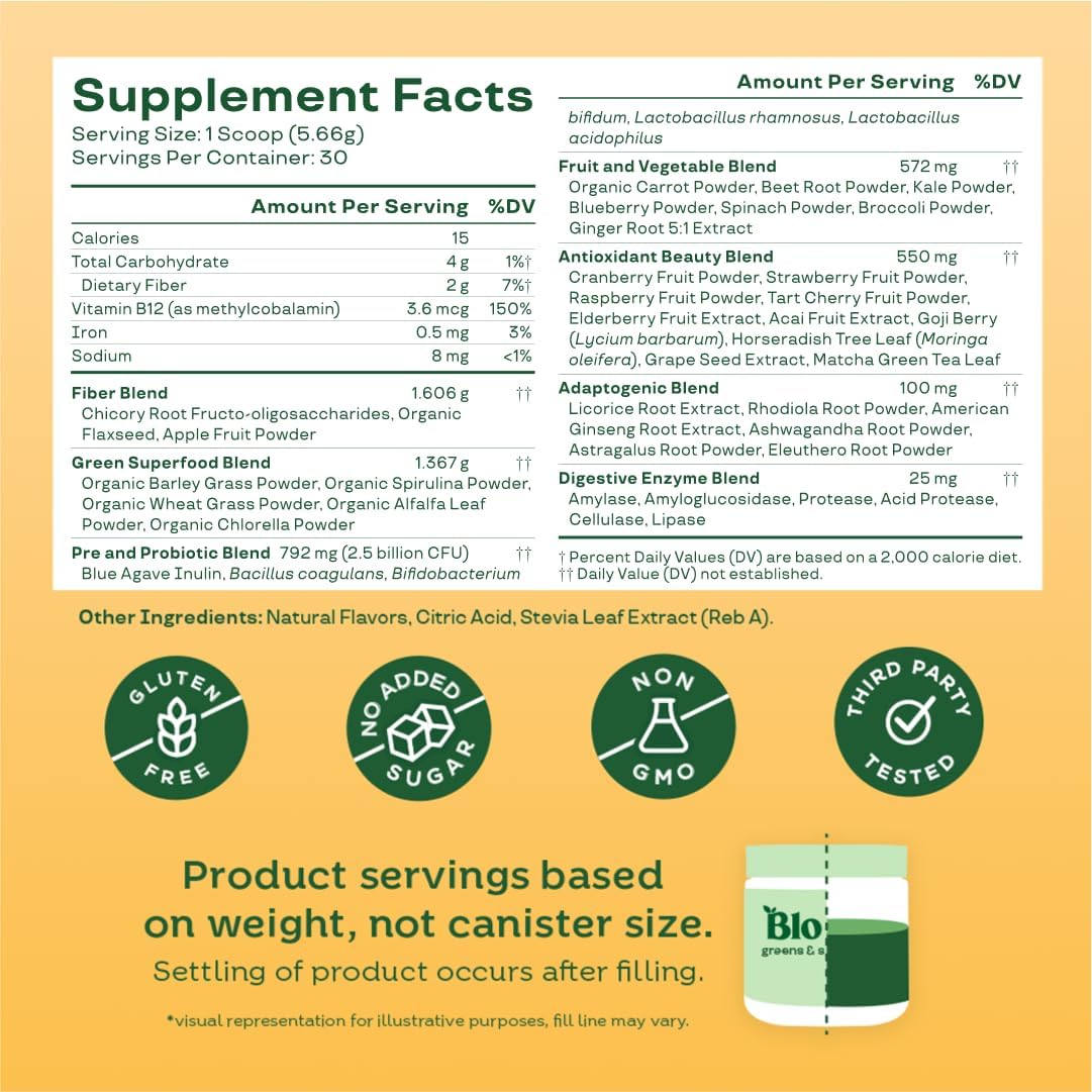 Bloom Nutrition Superfood Greens Powder with Probiotics, Prebiotics, and Digestive Enzymes for Gut Health