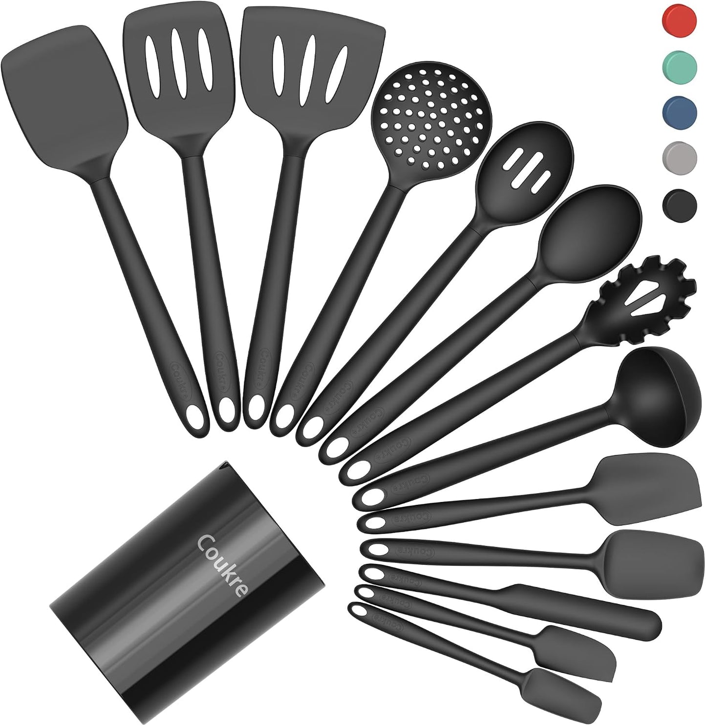 Coukre Silicone Kitchen Cooking Utensils Set, Heat Resistant, 14-Piece | Dishwasher-Safe, Food-Grade Silicone, BPA-Free, Spatulas, Spoons & Turner, Safe for Nonstick Cookware, Pure Black