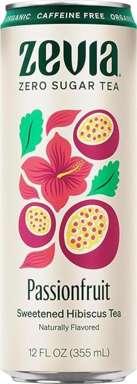 Zevia Zero Sugar Tea, Hibiscus Tea with Passionfruit, 12 oz Cans, 12-Pack, Naturally Sweetened, Zero Calorie, Non-GMO, Gluten-Free, Vegan