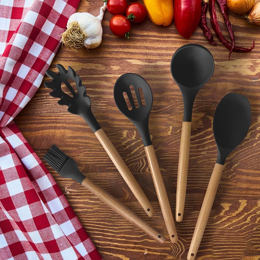 Cooking Utensils Set- 35 PCs Kitchen Utensils with Grater,Tongs, Spoon Spatula &Turner Made of Heat Resistant Food Grade Silicone and Wooden Handles Kitchen Gadgets Tools Set for Nonstick Cookware