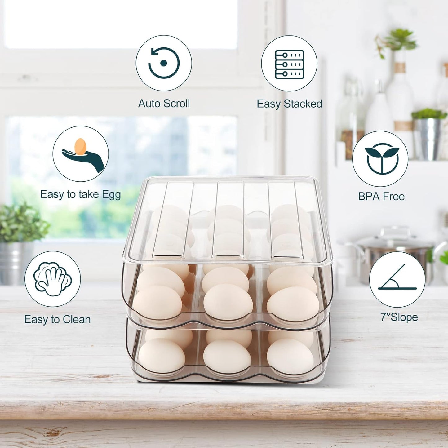 Egg Holder for Fridge, Automatically Rolling Egg Storage Container for Refrigerator,Large Capacity Egg Organizer for Fridge with Lid,Clear Plastic Dispenser, Tray & Bin -2 Layer