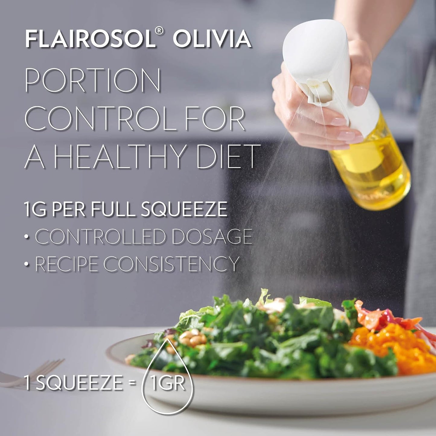 FLAIROSOL OLIVIA SIGNATURE Oil Sprayer for Cooking, 130ml Glass,White Print | Portion control mist for air fryer, salad, BBQ, refillable & reusable, fine mist olive oil kitchen sprayer, anti-drip