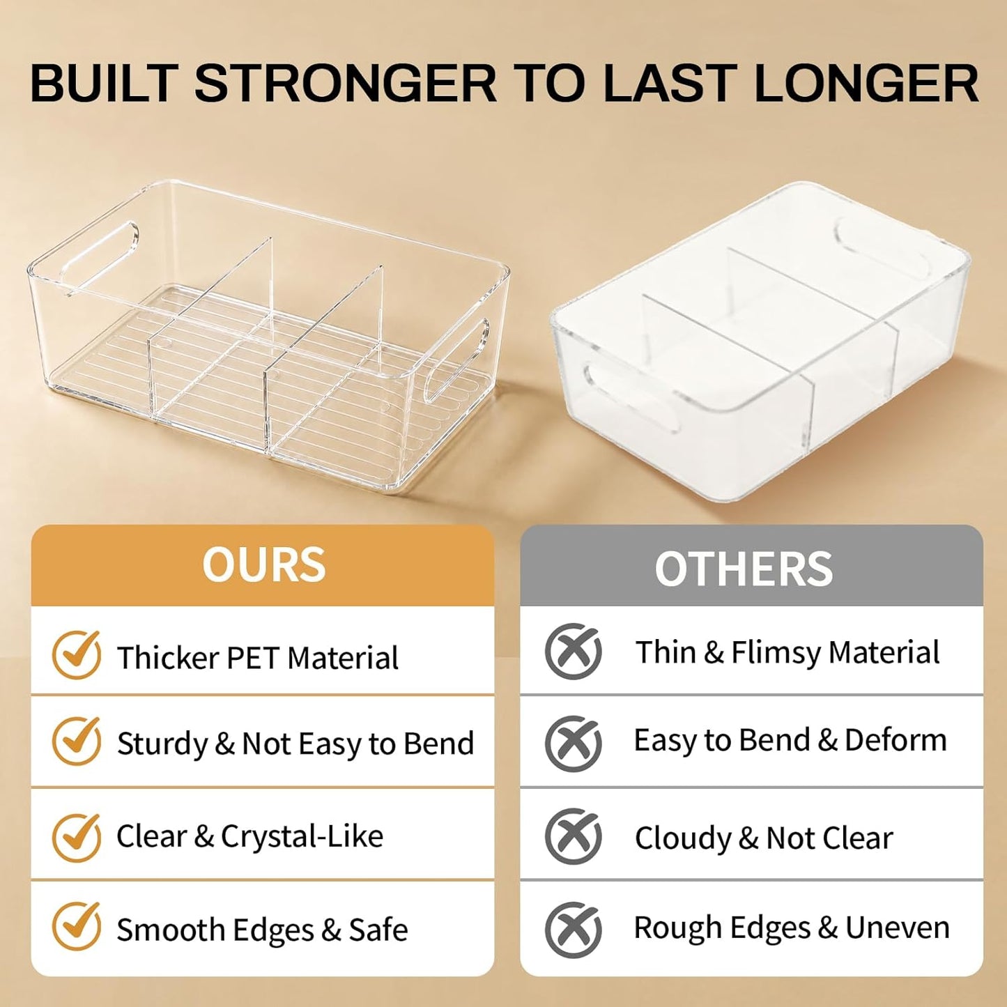 Mpotmiy 6 Pack Pantry Organizers and Storage,Clear Plastic Containers with 2 Dividers for Kitchen,Fridge Organization and Storage,Acrylic Bins for Pounches,Spice Packet,Snack organzier