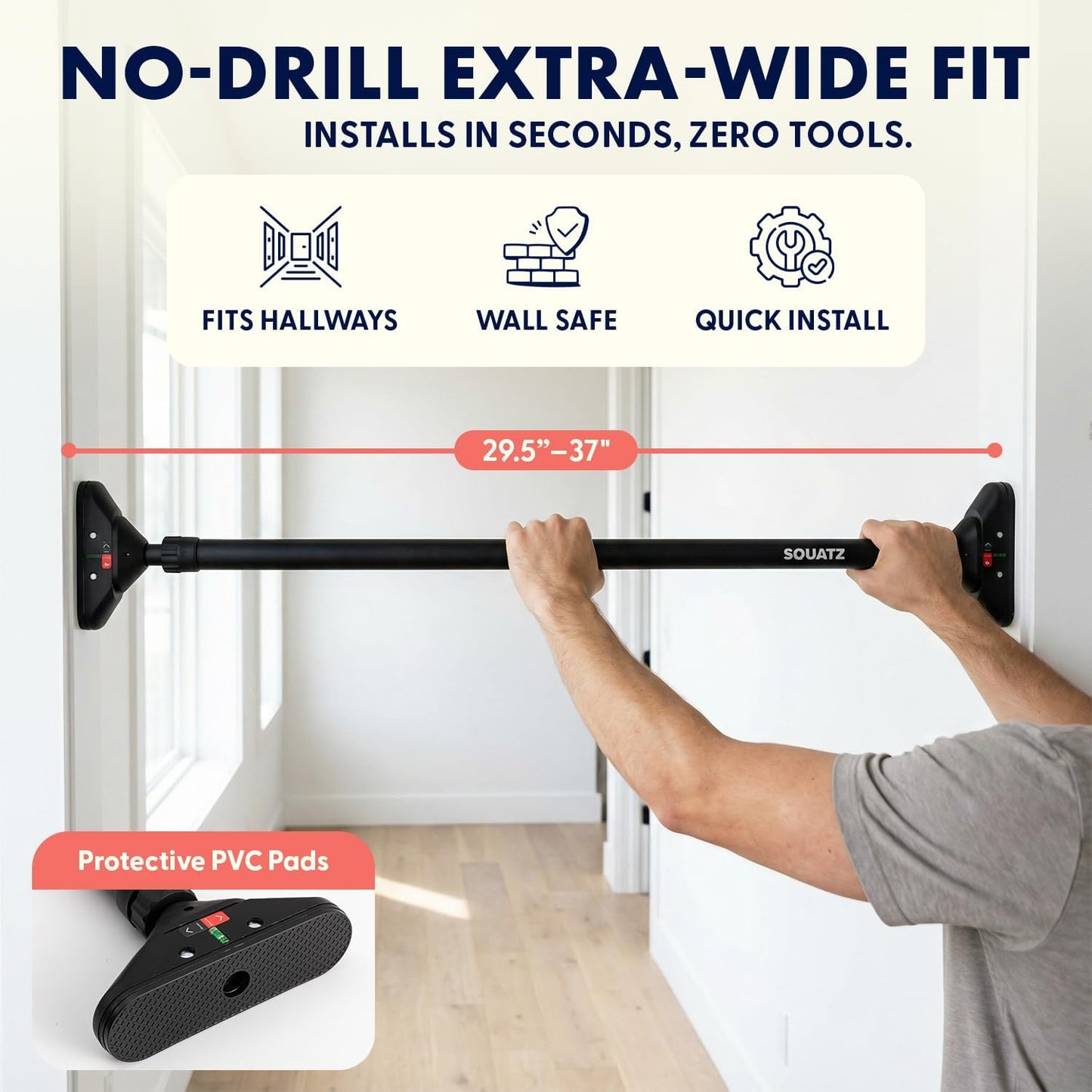 Squatz Adjustable Doorway Pull-Up Bar with Level and Locking Mechanism