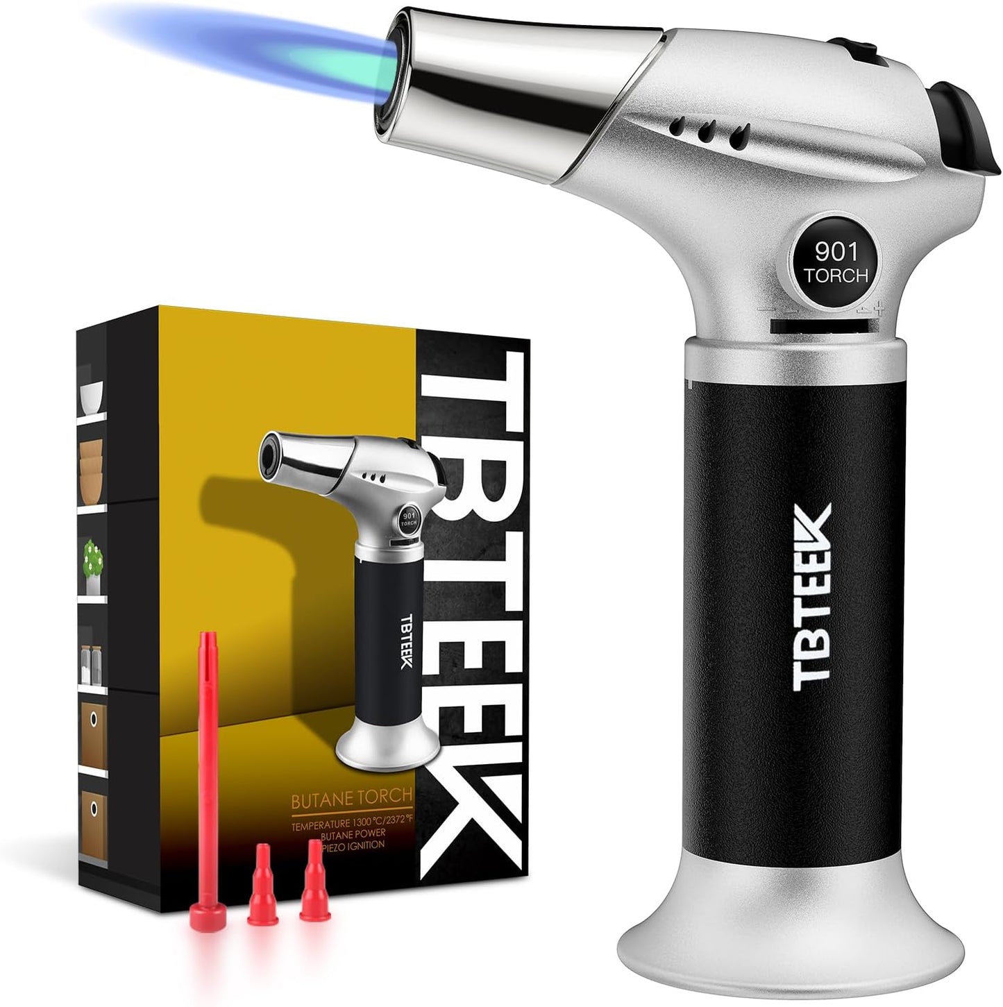 TBTeek Kitchen Butane Torch with Safety Lock for Baking, Crafts & Steak | 2500°F Adjustable Continuous Flame, One-Button Piezo Ignition, Ergonomic Comfort Grip, 3 refill adapters(Butane Not Included)