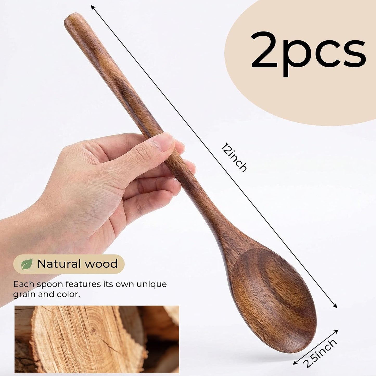HAKSEN 2 PCS Wooden Cooking Spoons, Natural Acacia Wood Kitchen Utensil | 12 Inch Wooden Mixing Spoons for Baking, Tasting, Stirring Food, Comfort Grip, Durable, Kitchen Cooking Gifts for Women