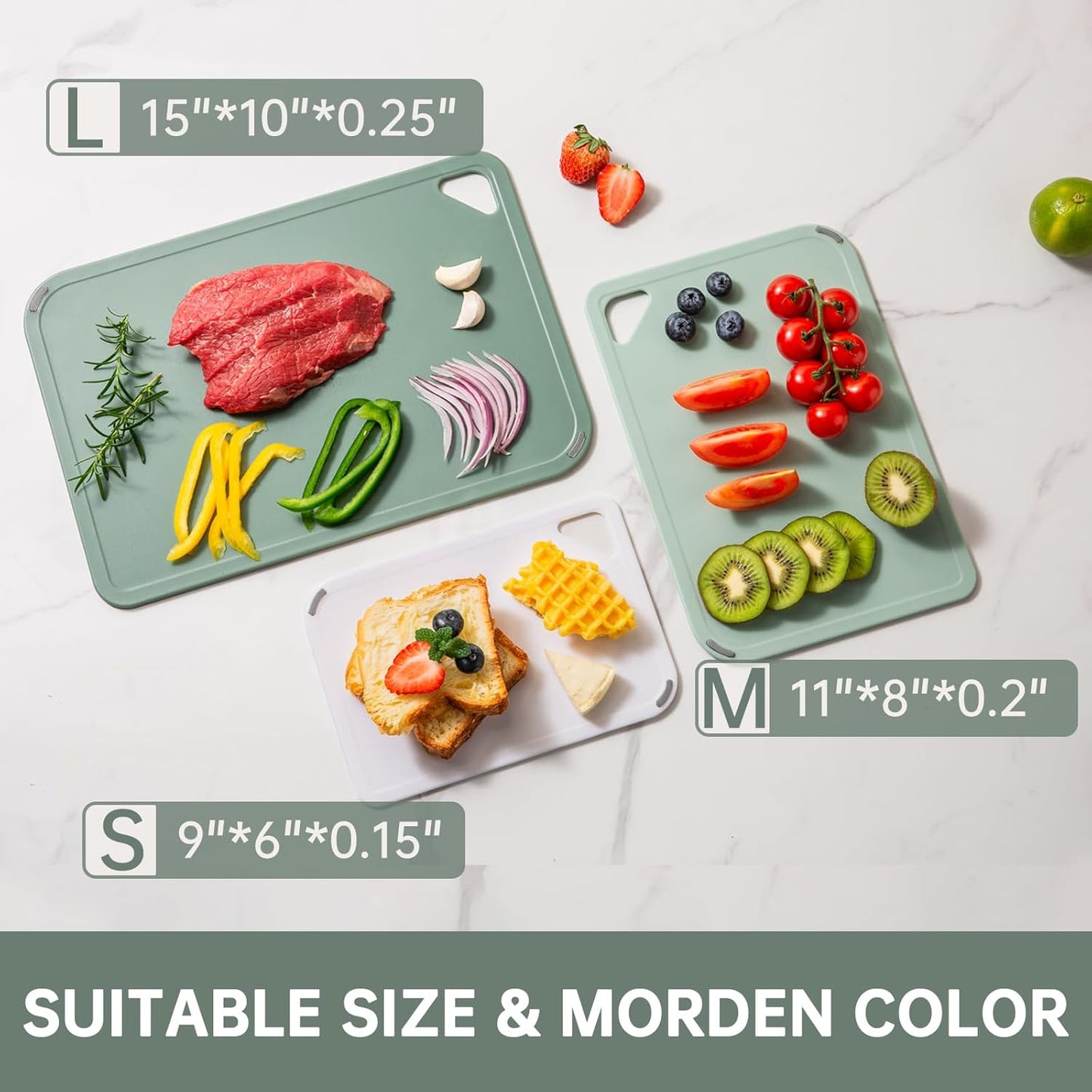 THETCHRY Plastic Cutting Board Set of 3-Cutting Boards for Kitchen BPA Free | Large-Small Chopping Boards, Non-Slip for Cooking, Dishwasher Safe, Camping, Portable, with Grip Handle, Sage Green