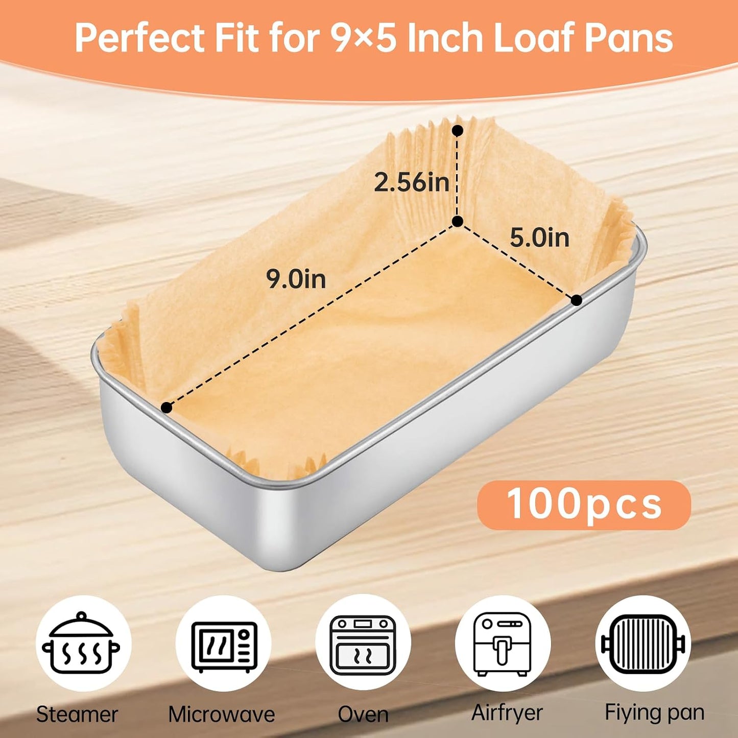 100 Pcs Loaf Pan Liners for Baking Bread 9x5 Inch, Non-Stick Pre Formed Parchment Paper for Bread Pan, Ideal Disposable Loaf Breads Liners for Baking Toast, Cakes, Banana Breads, Brown