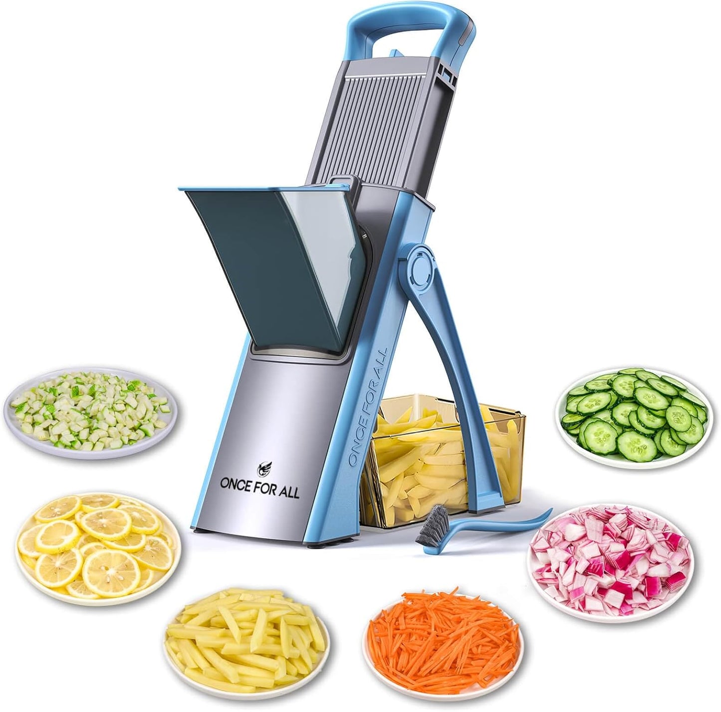 ONCE FOR ALL Upgrade Safe Mandoline Slicer Plus, Bigger Size, SkyBlue | 0.1-8mm Adjustable Vegetable Food Chopper, Potato Fries Cutter, Detachable Blade, Stainless Steel, Dishwasher-safe, Gift