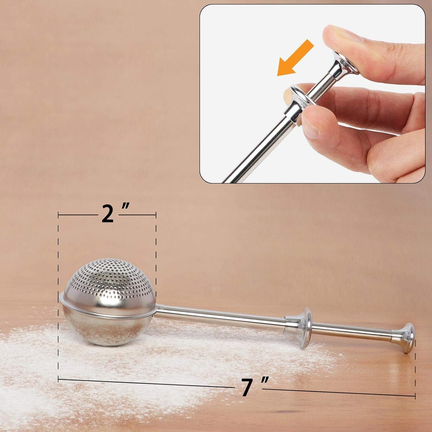 HULISEN Flour Duster, 304 Stainless Steel Flour Sifter for Baking | Spring-Press Handle, Dishwasher Safe, For Flour, Powdered Sugar, Fine Spices, Pick Up and Dust Flour Sifter, Gift Package