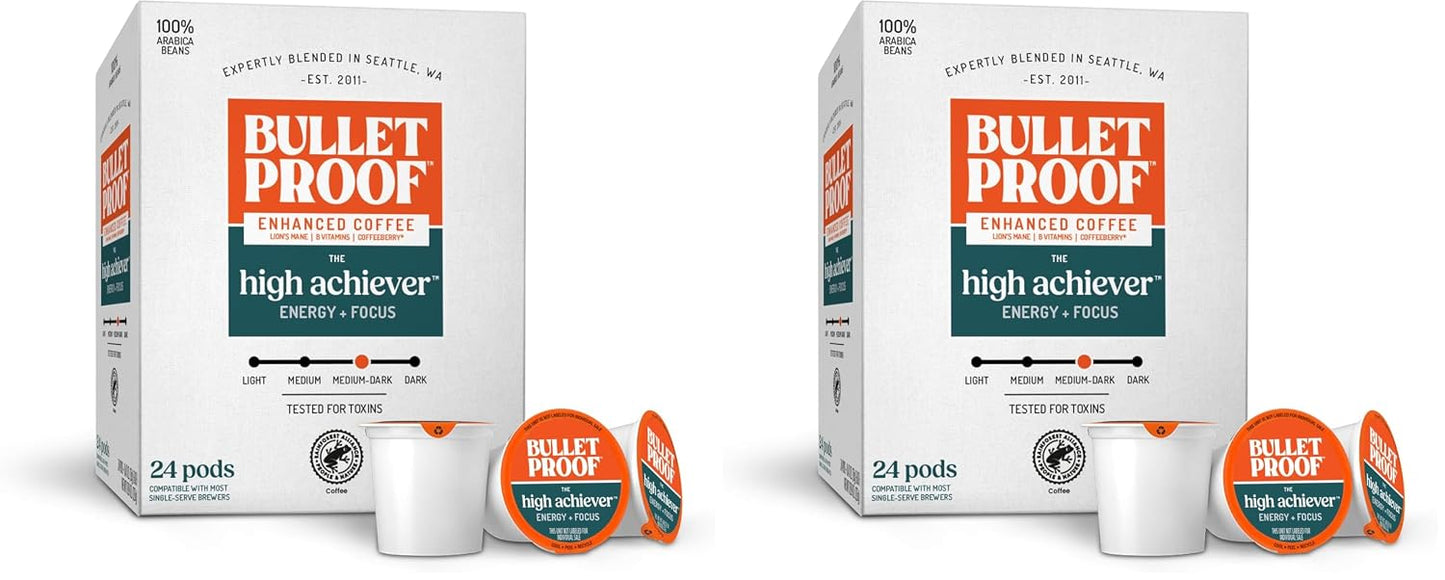 Bulletproof High Achiever Single-Serve Coffee Pods, 24 Count, Medium-Dark Roast