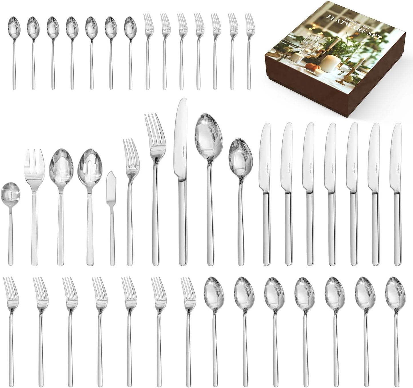 KINGSTONE 40 Piece Silverware Set, Flatware Set for 8, 18/10 Stainless Steel Cutlery Set Mirror Polished Modern Design Dishwasher Safe