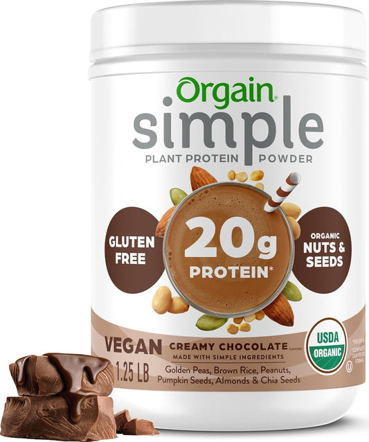 Orgain Organic Simple Vegan Protein Powder, Chocolate - 20g Plant Based Protein, Made with less Ingredients, No Artificial Sweeteners, Gluten Free, No Dairy or Lactose, 1.25 lb (Packaging May Vary)
