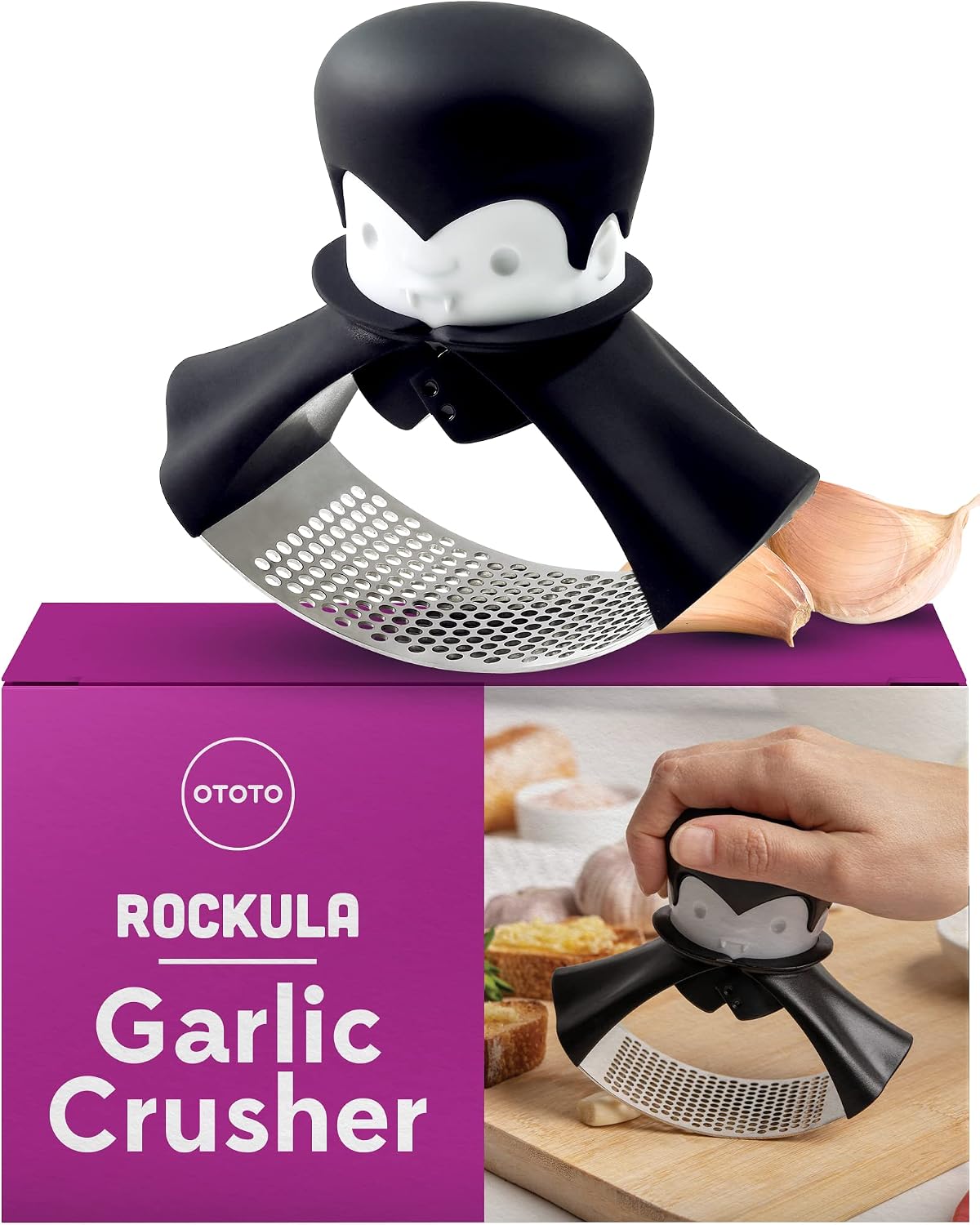 OTOTO Gracula Garlic Press, Garlic Crusher, Garlic Mincer, Also for Ginger, Nuts, Chili, Herbs - Twist Top Mincer & Easy Squeeze Manual Press Peeler, Goth Gifts